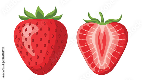 Ripe red strawberry shown as a whole fruit and sliced in half to reveal its juicy interior, perfect for food and nutrition designs.