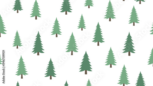 Seamless pattern with stylized green pine trees of various sizes scattered across a clean white background for nature themed designs.