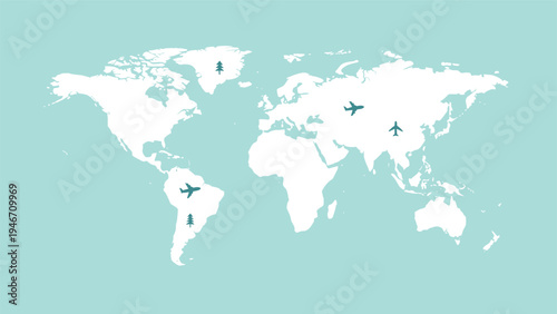 World map illustration on light teal background features small evergreen tree and airplane icons representing global travel and environment.