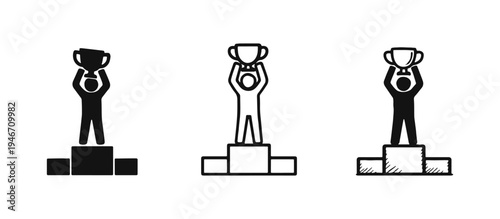 Winner on Podium with Trophy Icon Set, Symbolizing Achievement, Success, and First Place.