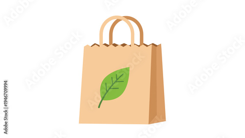 Reusable brown paper grocery bag featuring a single green leaf icon isolated on a white background signifying sustainable shopping choices.