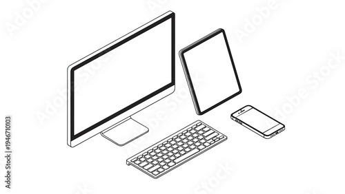Group of isometric line art gadgets including a desktop monitor, wireless keyboard, tablet, and smartphone showcasing modern technology workspace.