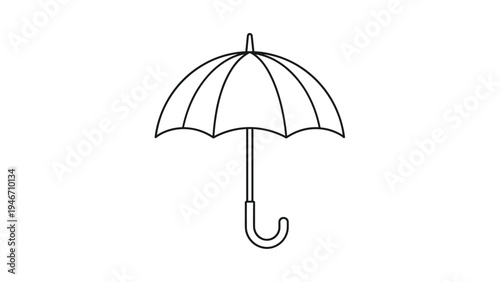 Simple black line art drawing of an open umbrella with a curved handle isolated on a white background for weather related design themes.