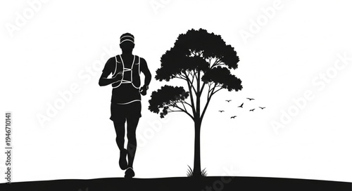 Silhouette of a man running next to a tree with birds flying.