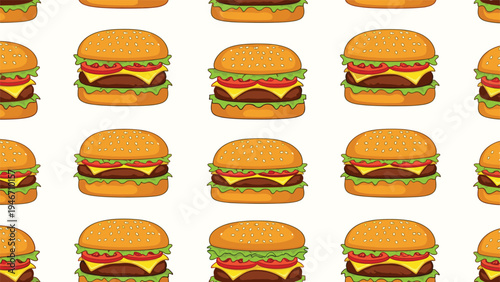 Delicious seamless pattern featuring multiple cheeseburgers with lettuce, tomato, cheese, and sesame buns repeated on an off white background.