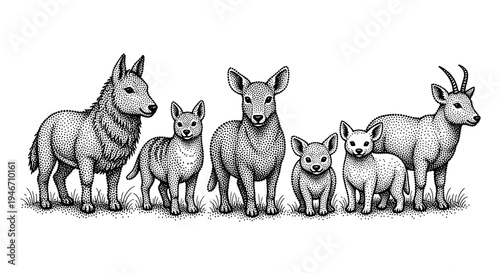Herd of wild animals in the forest in stippling drawing style, black and white vector illustration