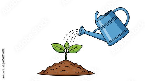 Colorful illustration of a blue watering can pouring water onto a small green sprout growing from a mound of soil on a white background.