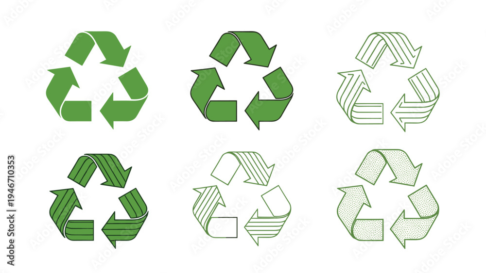 Obraz premium Collection of six recycling symbols in various shades of green and artistic styles representing environmental awareness and sustainability.
