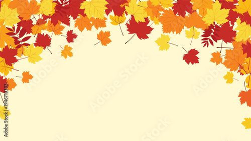 Vibrant autumn leaf border composed of maple and other fall foliage in shades of red, orange, and yellow across a warm cream background.
