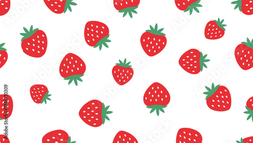 Bright and cheerful seamless pattern featuring many ripe red strawberries with green stems scattered across a clean white background for summer.
