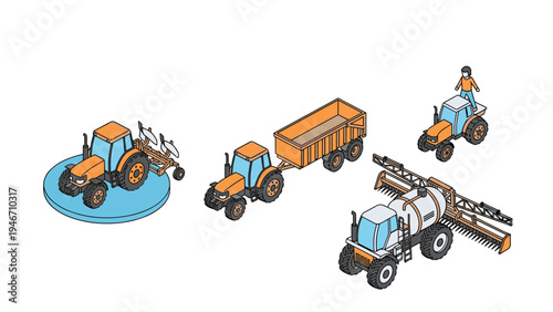 Set of isometric agricultural vehicles including tractors with attachments and a large sprayer used for modern farming and crop maintenance.