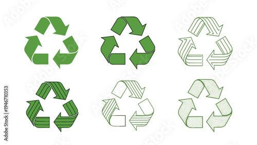 Collection of six recycling symbols in various shades of green and artistic styles representing environmental awareness and sustainability.