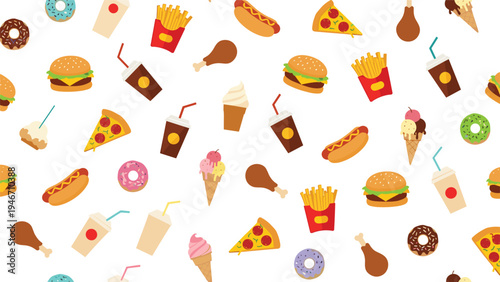 Fun seamless pattern featuring a variety of fast food items like pizza, burgers, fries, hot dogs, donuts, and drinks on a white background.