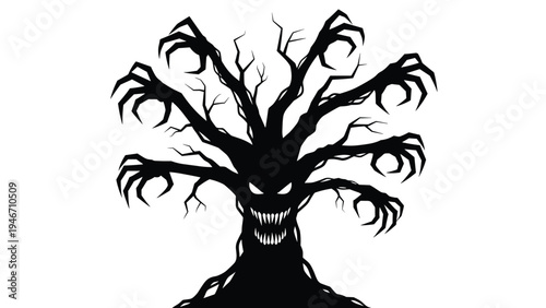 Menacing black silhouette of a spooky halloween tree featuring gnarled claw like branches and a terrifying sharp toothed grin face.