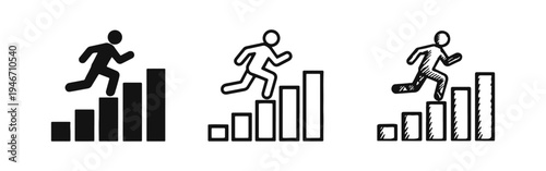 Person running up a bar chart icon set, symbolizing business growth, career progression, and data improvement.