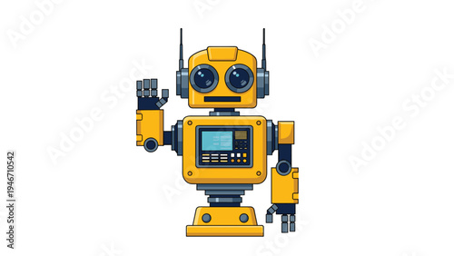 Friendly looking yellow robot character with a screen on its chest waving hello against a clean white background for tech themes.