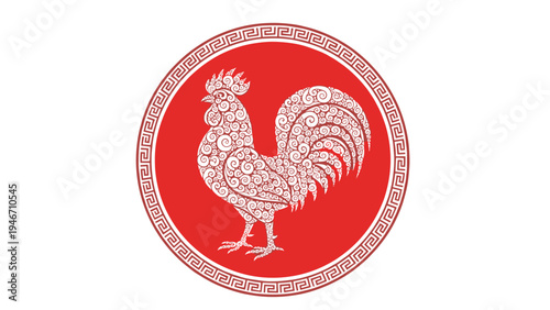 Elegant illustration of a white rooster decorated with intricate swirl patterns set against a bold red circular frame with a greek border.