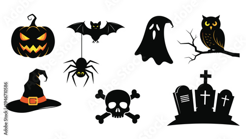 Spooky set of Halloween silhouettes featuring icons of a jack o lantern, bat, spider, ghost, owl, witch hat, skull, and a graveyard.