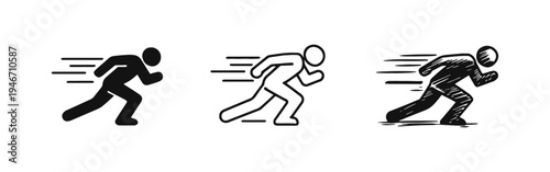 Person running fast icon set with speed lines, symbolizing urgency, quickness, and rapid progress.