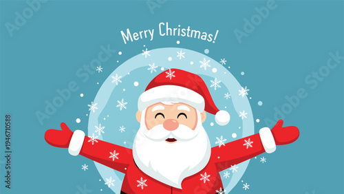 Jolly Santa Claus with open arms wishing a Merry Christmas surrounded by falling snowflakes on a festive blue background for holidays.