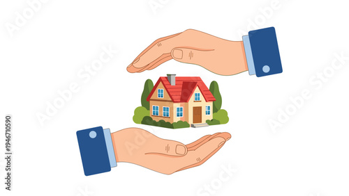 Symbol of home insurance or protection showing two hands of a person in a blue suit carefully sheltering a small colorful house.