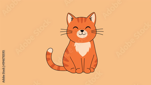 Adorable orange tabby cat character with a sweet smile and white chest sitting calmly against a soft peach background for pet lovers.