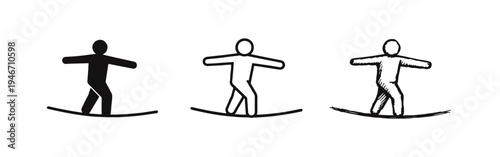 Person balancing on a curved line icon set, symbolizing balance, stability, equilibrium, and risk management.
