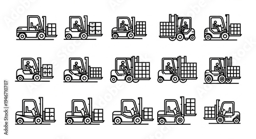Set of forklift truck icons in various poses and actions.
