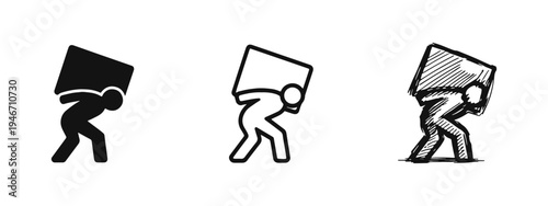 Person carrying a heavy load icon set, symbolizing burden, responsibility, stress, and hard work.