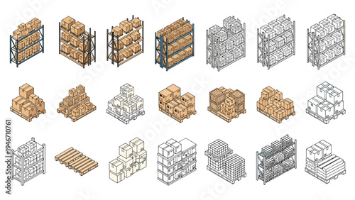 Collection of isometric warehouse storage elements including metal racks with cardboard boxes and wooden pallets for logistics and shipping.