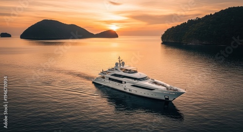 Luxury yacht sails across calm water towards sunset between island formations