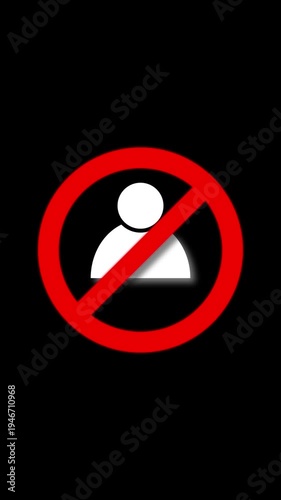 Minimalist red prohibition sign with black silhouette of a person looped motion graphic animation on social media black background.
