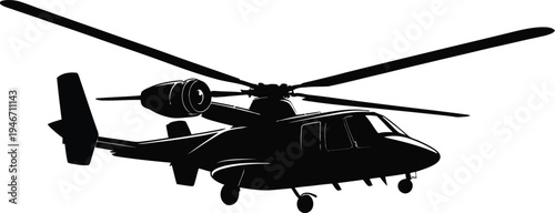 Black silhouette of a military helicopter with rotors on white background for design and editorial use