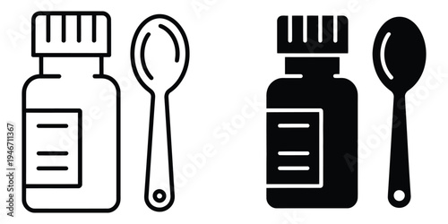 Syrup medicine bottle icons silhouette icon vector flat illustration on white background, simple line art set for hospital design