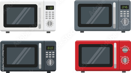 Collection of modern microwave oven vector illustrations in different colors
