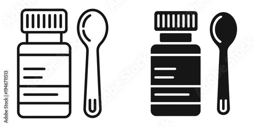 Syrup medicine bottle icons silhouette icon vector flat illustration on white background, line art icons representing healthcare