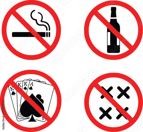 Set of four vector prohibition signs banning vices in public areas