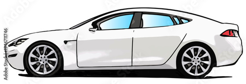 Clean white electric sedan illustration shown in profile view against a dark background