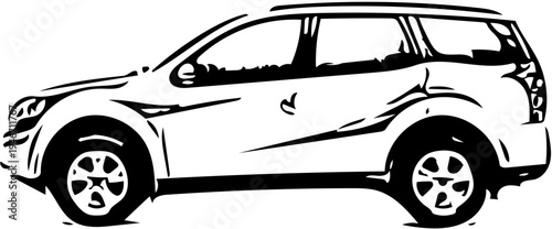 Stylized black and white graphic illustration depicting the side profile of a modern sport utility vehicle