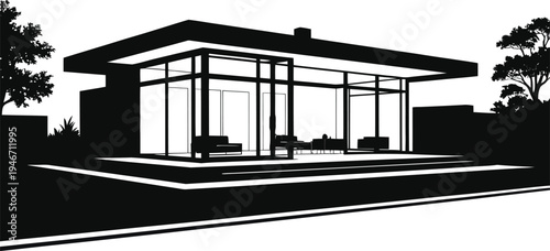 Modern house with large glass windows and minimalist design in black silhouette on white background for architecture and real estate concepts