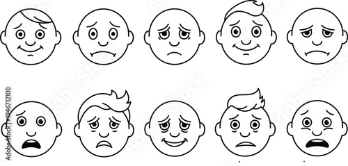 Diverse range of human emotions depicted through minimalist vector face illustrations