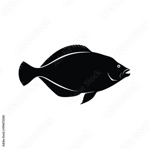 Black and white fish silhouette vector illustration clean and simple design, halibut silhouette vector illustration