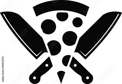 Black silhouette of pizza slice with crossed knives on white background for food or culinary concepts