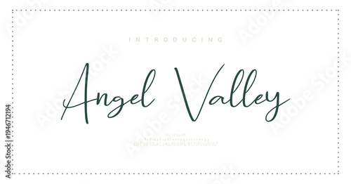 Angel Valley, Script luxury wedding alphabet letters font with tails. Typography elegant classic serif fonts and number decorative vintage retro concept for logo branding. vector illustration
