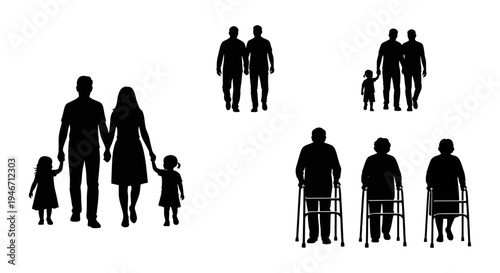 Diverse Family and Senior People Silhouette Collection Featuring Parents with Children Same-Sex Couples and Elderly Individuals with Walkers Isolated Black Vector Icons for Social Inclusion Design