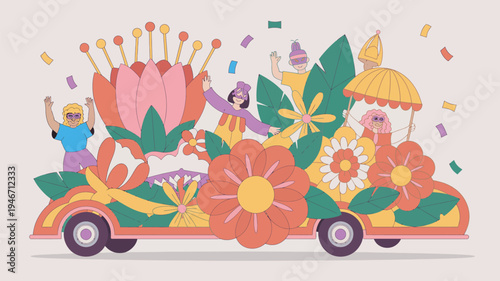A colorful illustration of people celebrating in a decorated vehicle with flowers and confetti