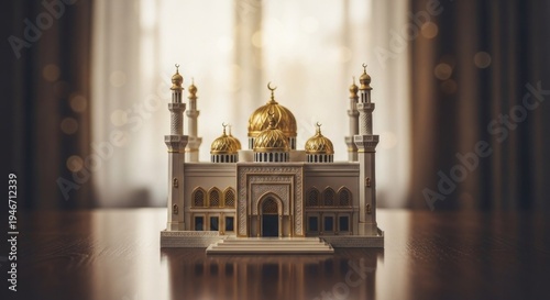 Miniature golden-domed mosque on a wooden surface, blurred background with curtains and light