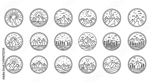 Mountain Landscape Line Art Badge Collection Featuring Minimalist Circular Outdoor Wilderness Icons with Sun Moon Clouds and Forest Elements for Adventure Branding and Travel Logo Design