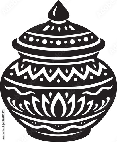 A vector illustration of a handmade ceramic cup of coffee and a cupcake decorated with a traditional Thai porcelain pattern on an old clay pottery jar