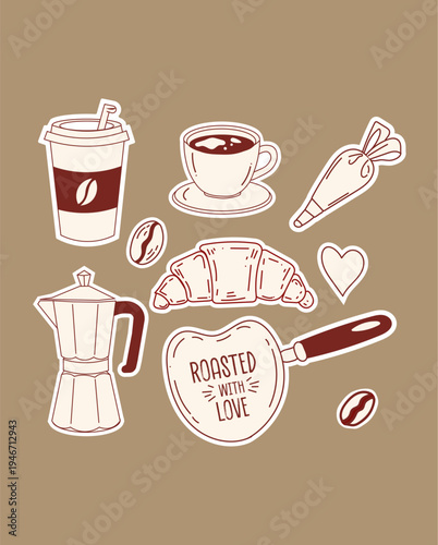 Vintage Coffee Sticker Set with Cup, Croissant, Moka Pot and Roasted With Love Pan Illustration on Beige Background